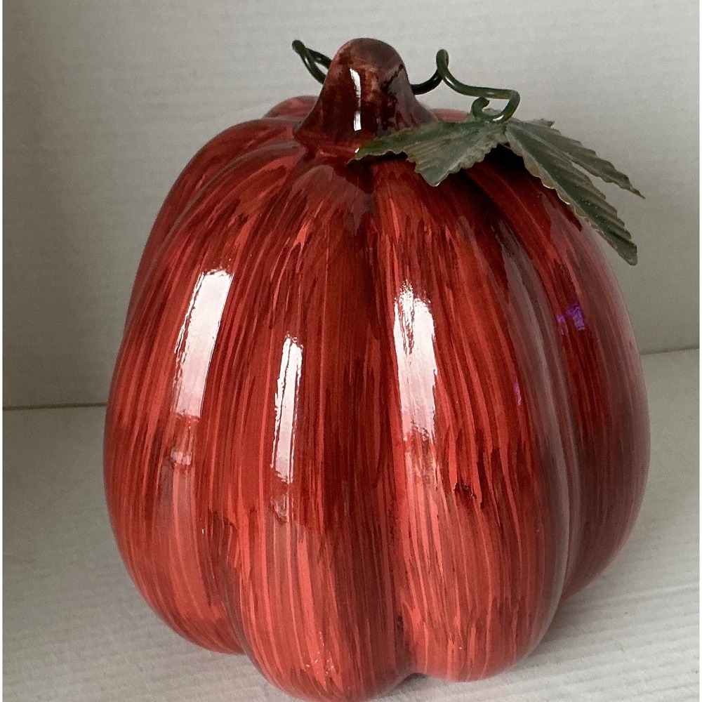 Red Ceramic Pumpkin Figurine Glossy Harvest Fall Decor Metal Leaf Accent 6in